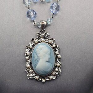 Victorian Revival Blue Cameo Pendant Beaded Necklace 28" Faux Pearls Convertible